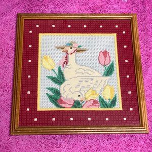 VTG Needlepoint Cross Stitch Framed Art - Mother Goose Nursery Picture